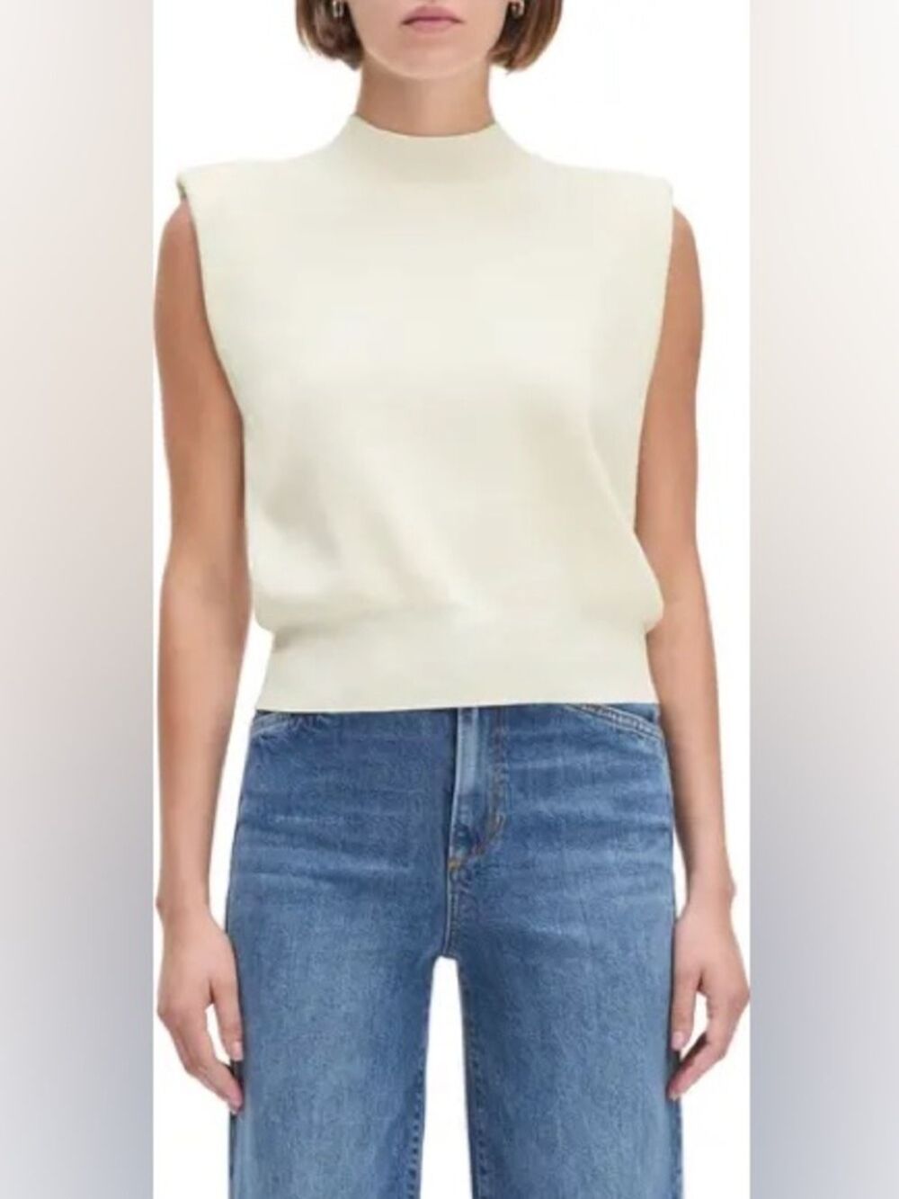 Ellison Mock Neck Power Shoulder Ribbed Knit Sleeveless Boxy Top